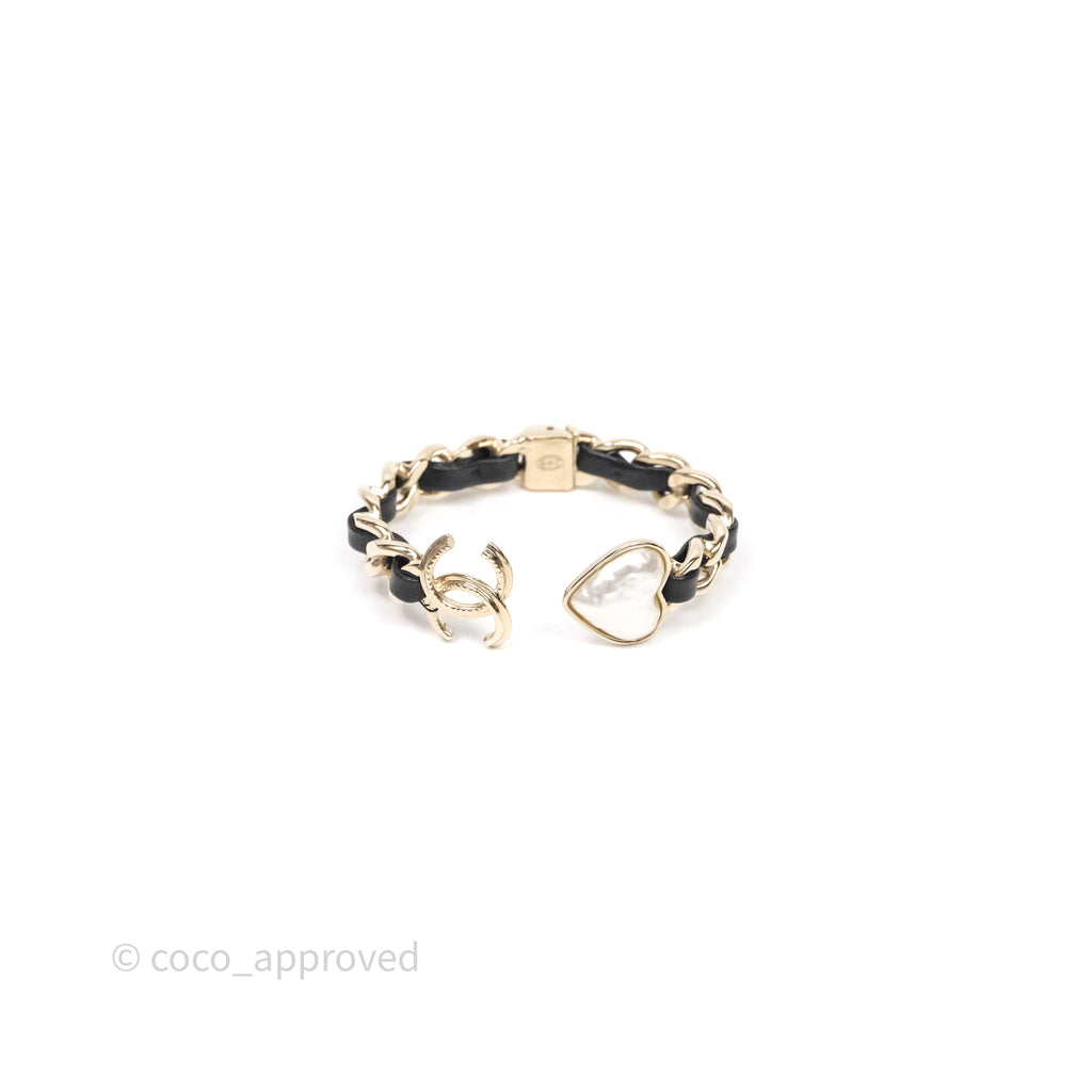 Chanel CC Black Leather Heart Bracelet Gold Tone 22C