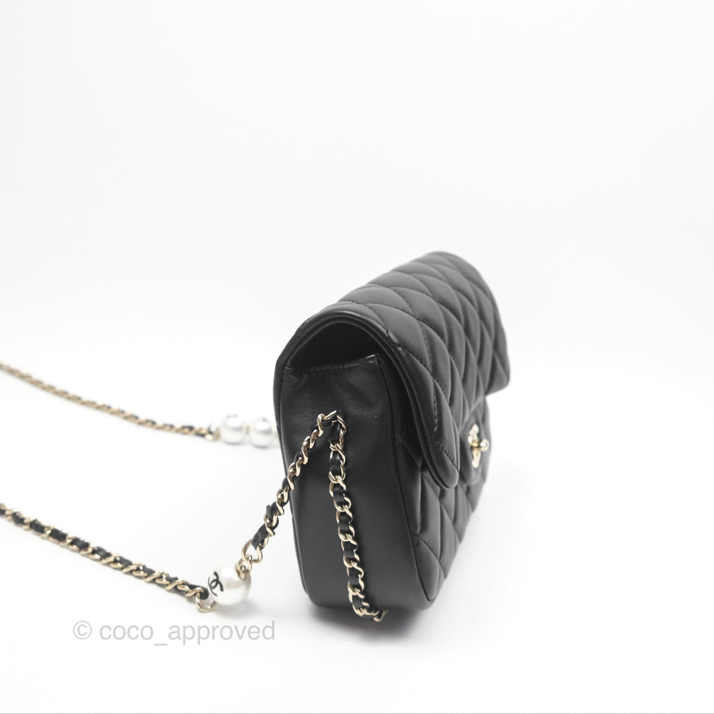 Chanel Logo Pearl Chain Flap Bag Black Lambskin Gold Hardware