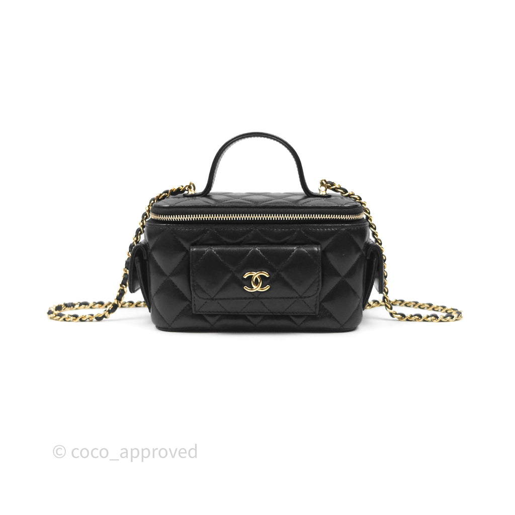 Chanel Cargo Pocket Top Handle Vanity with Chain Black Shiny Lambskin Gold Hardware 22K