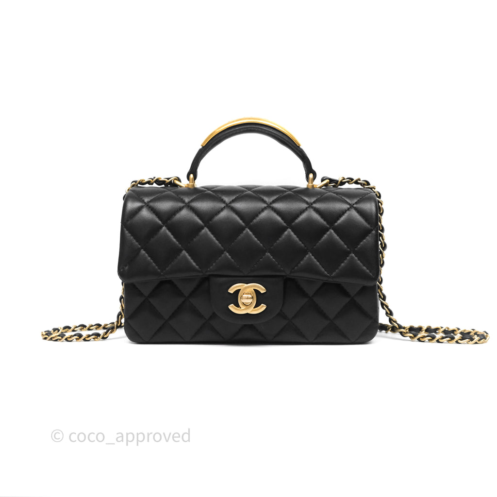Chanel Metal Top Handle Mini Rectangular Flap Bag Black Lambskin Gold Hardware