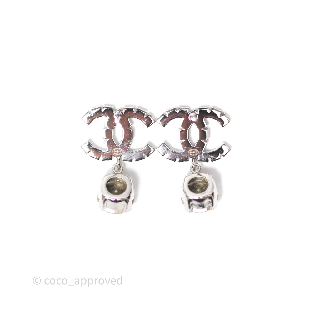 Chanel Crystal CC Drop Earrings Silver Tone 22V