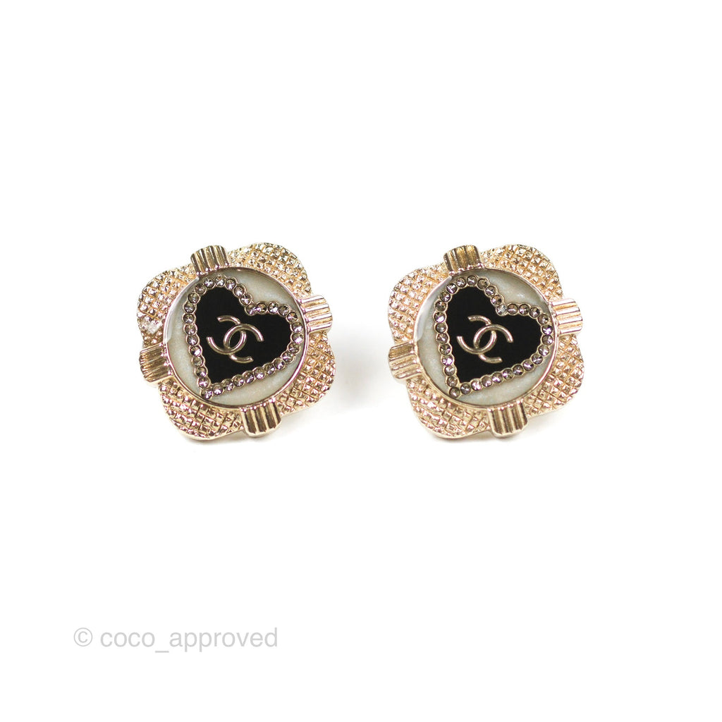 Chanel CC Heart Black Earrings Gold Tone 22V