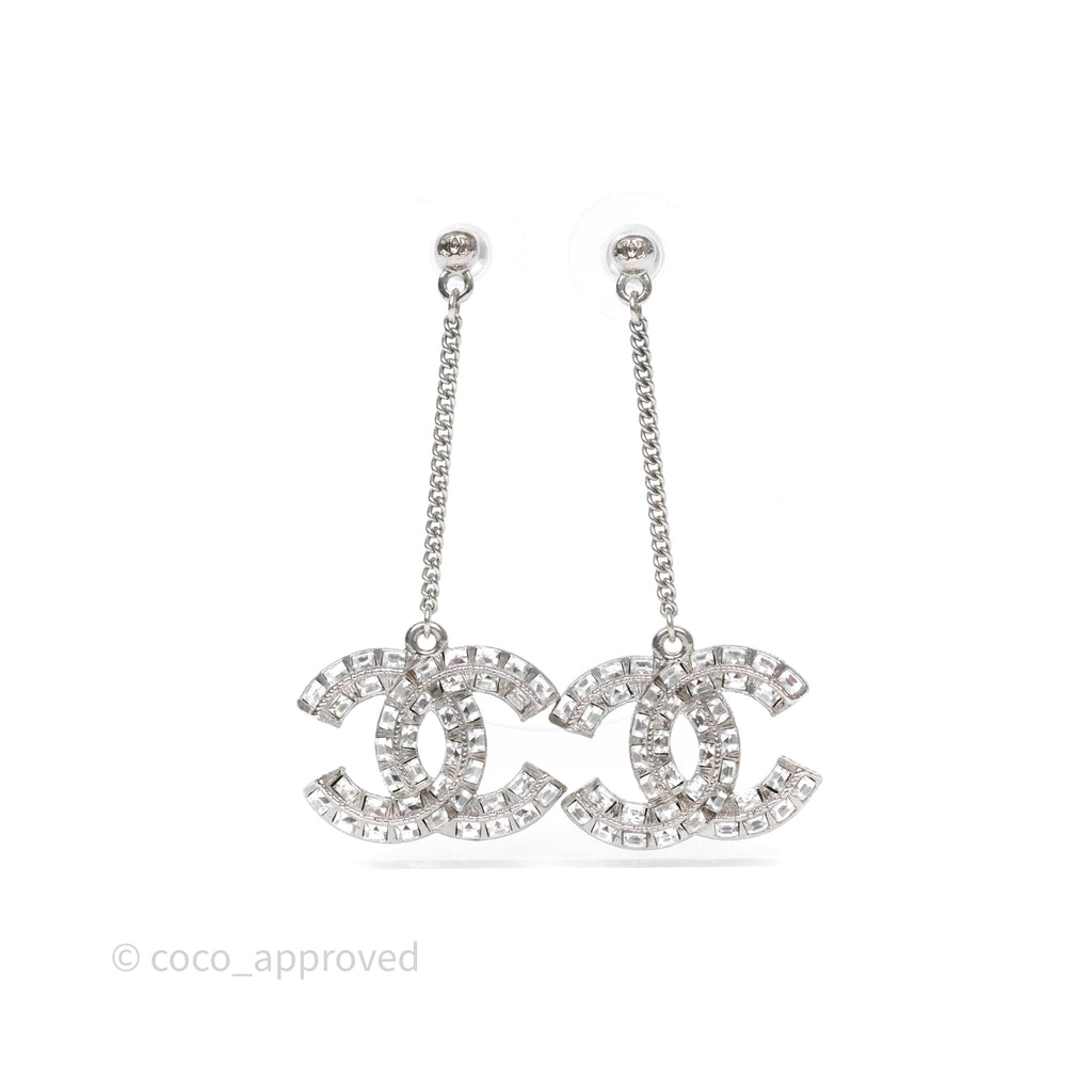 Chanel CC Crystal Long Drop Earrings Silver Tone 21V