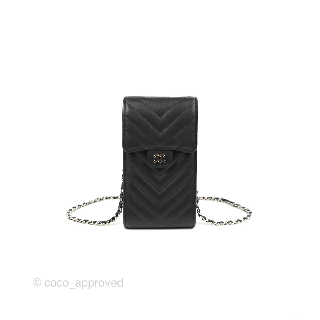 Chanel Classic Chevron Phone Holder Black Calfskin Silver Hardware