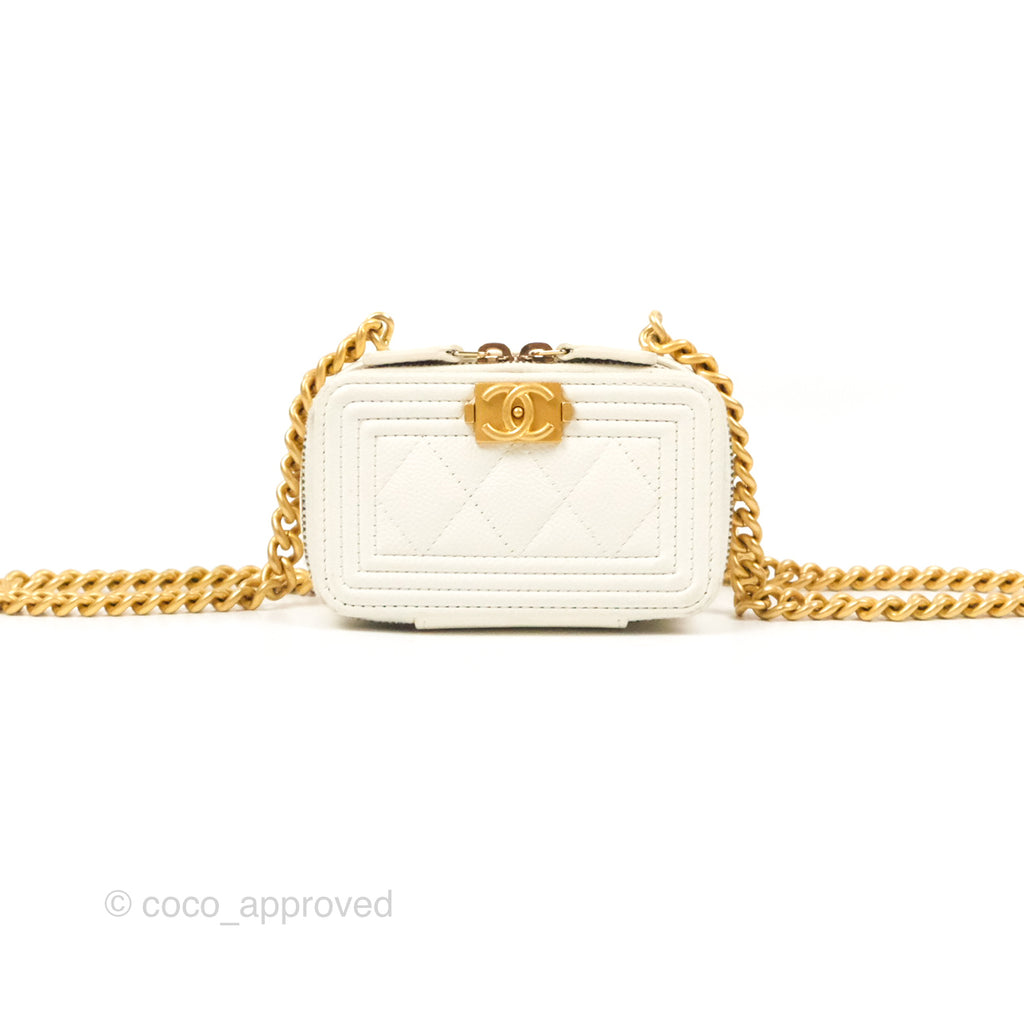 Chanel Mini Boy Clutch with Chain White Caviar Aged Gold Hardware