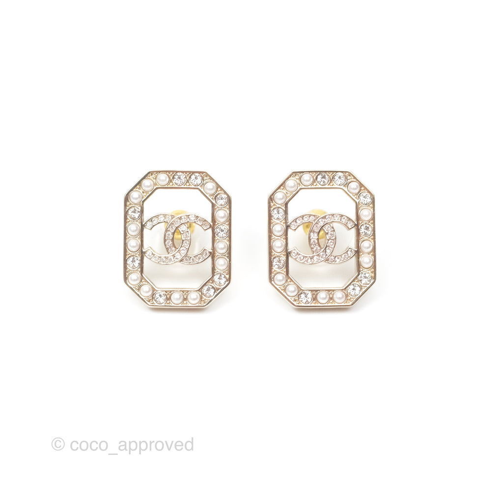 Chanel Crystal Pearl CC Square Earrings Gold Tone 23B