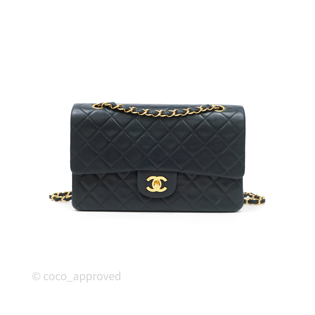 Chanel Vintage M/L Lambskin Medium Double Flap Bag Navy 24K Gold Hardware