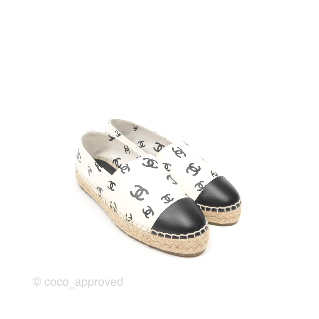 Chanel Printed CC Espadrilles White/Black Lambskin Size 38