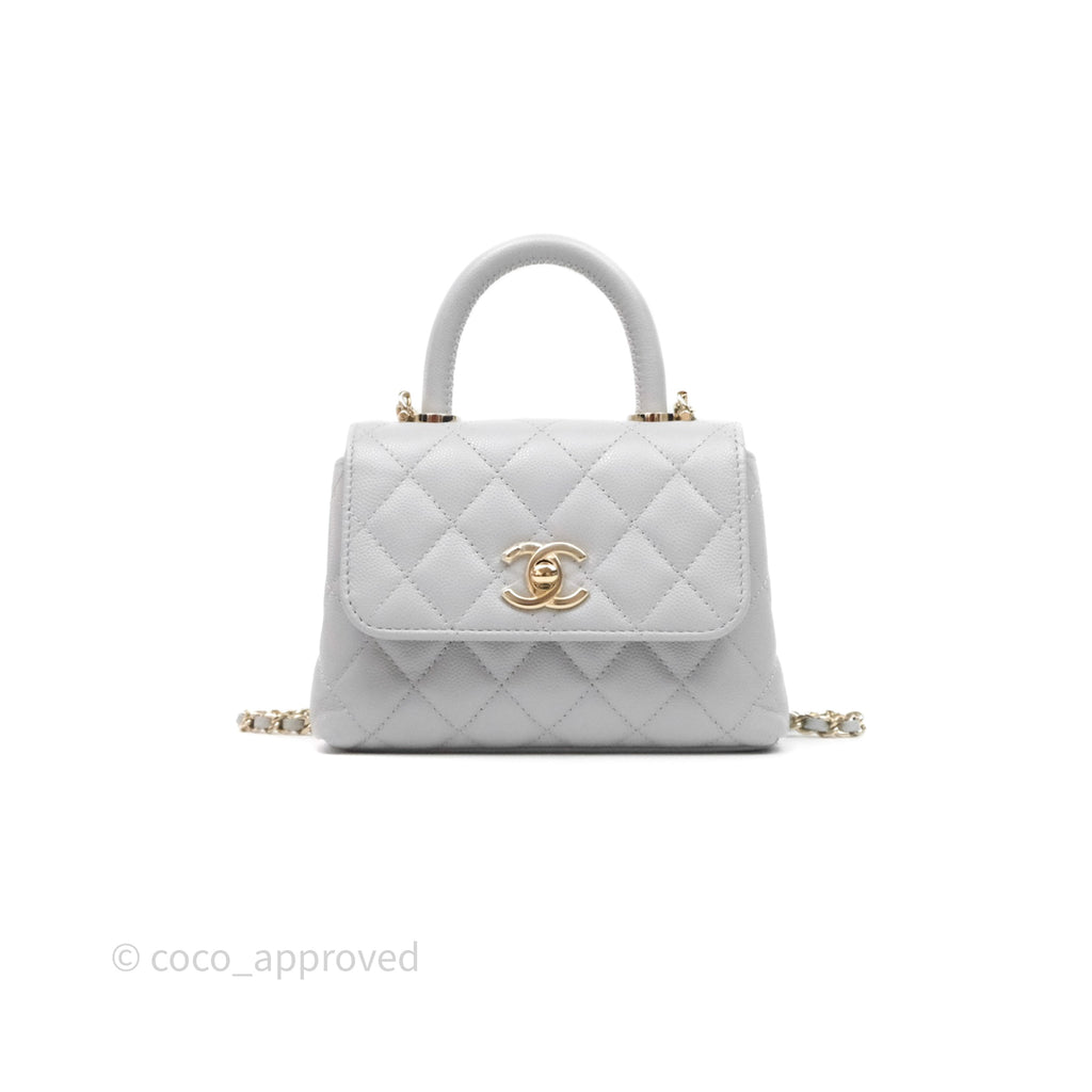 Chanel Coco Handle Clutch with Chain Quilted Light Grey Caviar Gold Hardware