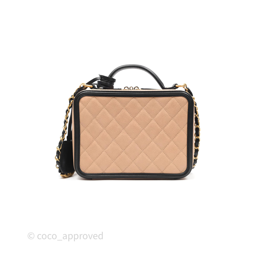 Chanel Quilted Medium CC Filigree Vanity Case Beige Caviar Gold Hardware