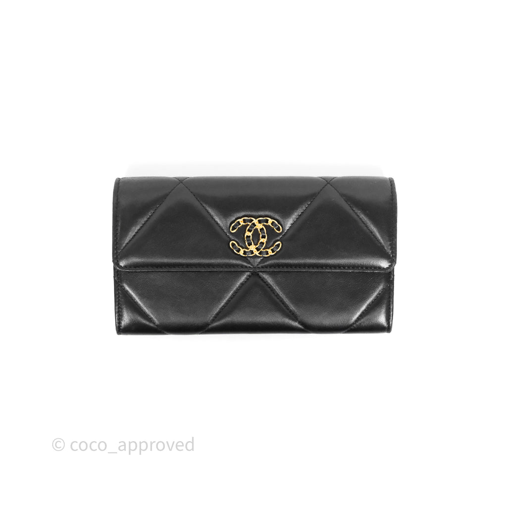 Chanel Quilted 19 Flap Long Wallet Black Lambskin Aged Gold Hardware