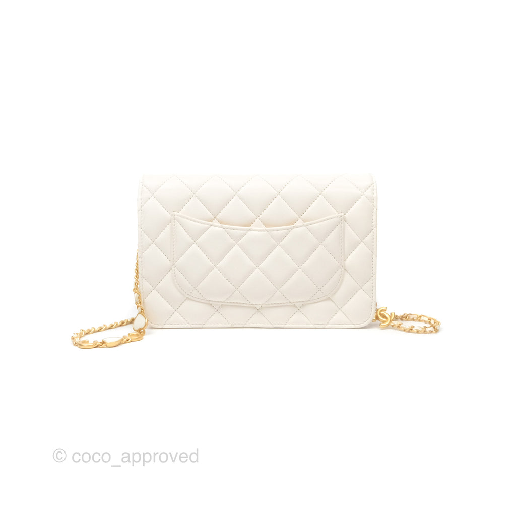 Chanel Quilted Wallet on Chain WOC Coco Heart Chain White Lambskin Aged Gold Hardware 22K