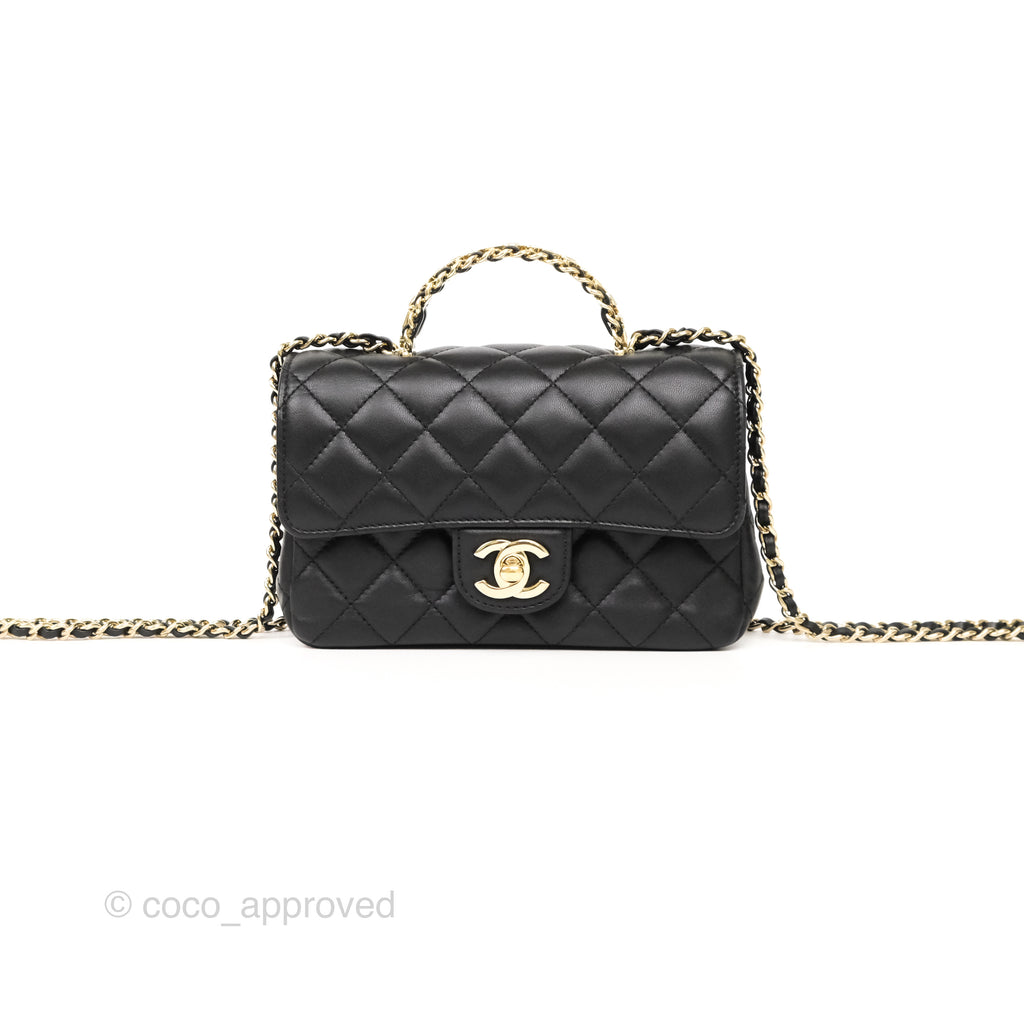 Chanel Crystals Top Handle Mini Rectangular Flap Bag Black Lambskin Gold Hardware 23A