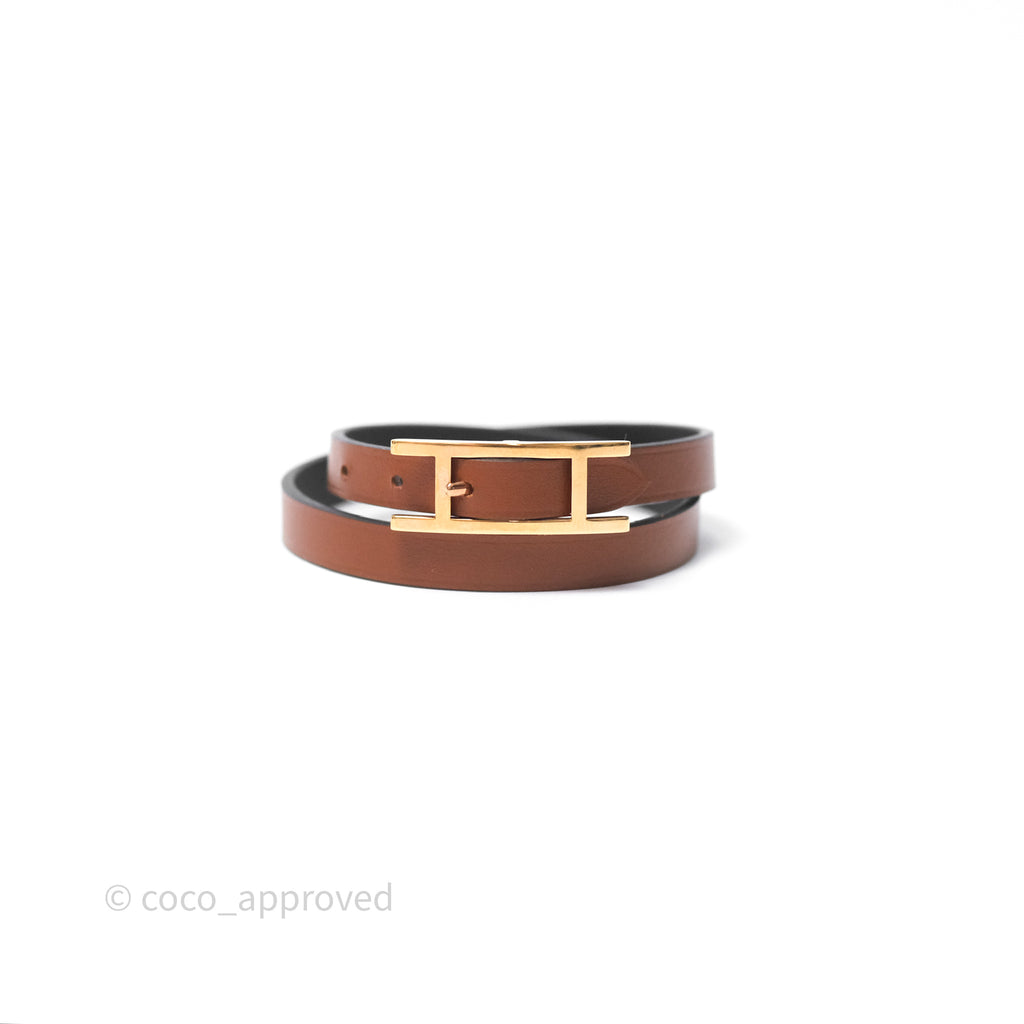 Hermès Behapi Double Tour Bracelet in Fauve 34 / Noir 89 Calfskin Gold Hardware