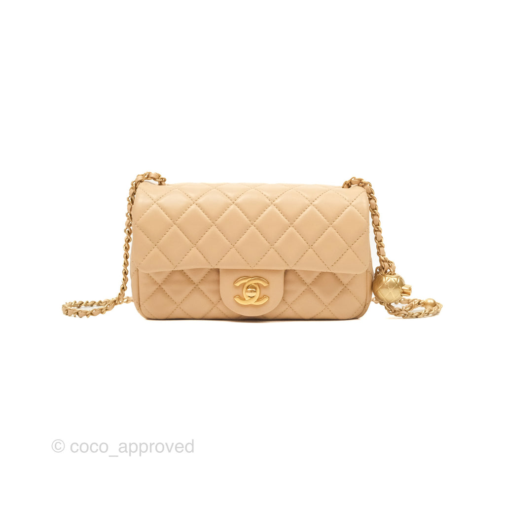 Chanel Pearl Crush Mini Rectangular Beige Lambskin Aged Gold Hardware