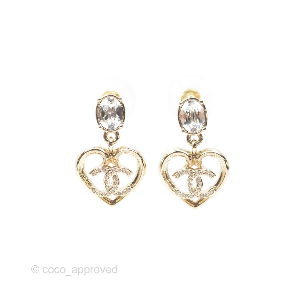 Chanel Crystal CC Heart Drop Earrings Gold Tone 23C