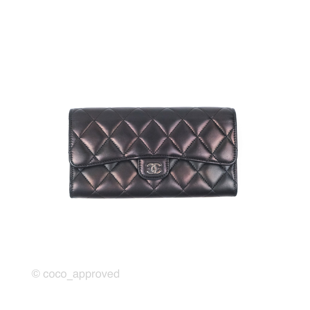 Chanel Quilted Classic Zip Long Wallet Black Lambskin Silver Hardware