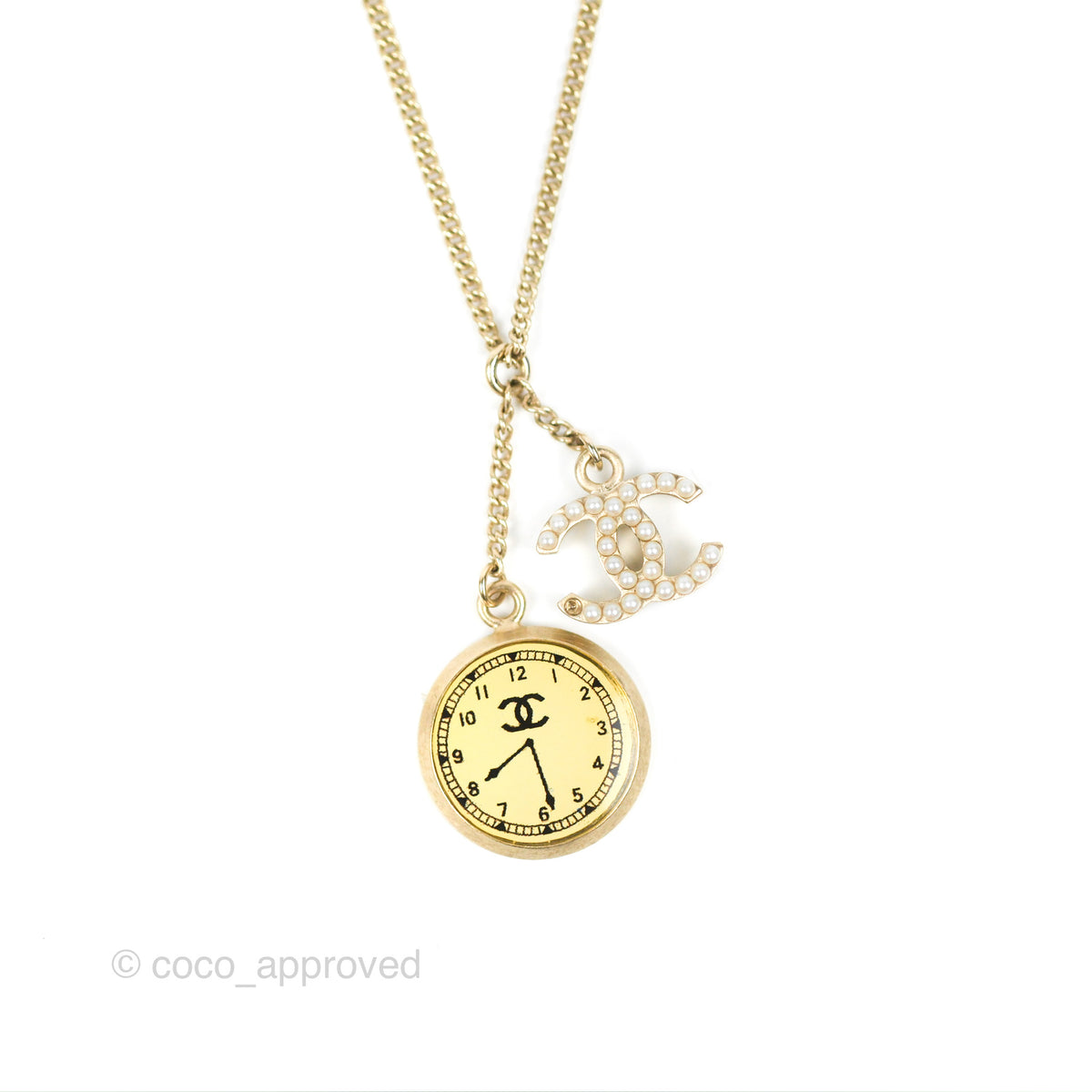 Chanel Pearl CC Clock Pendant Necklace Gold Tone 07C