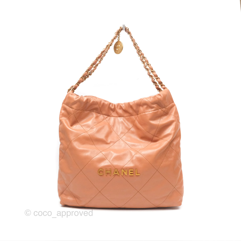 Chanel 22 Medium Caramel Beige Shiny Calfskin Aged Gold Hardware