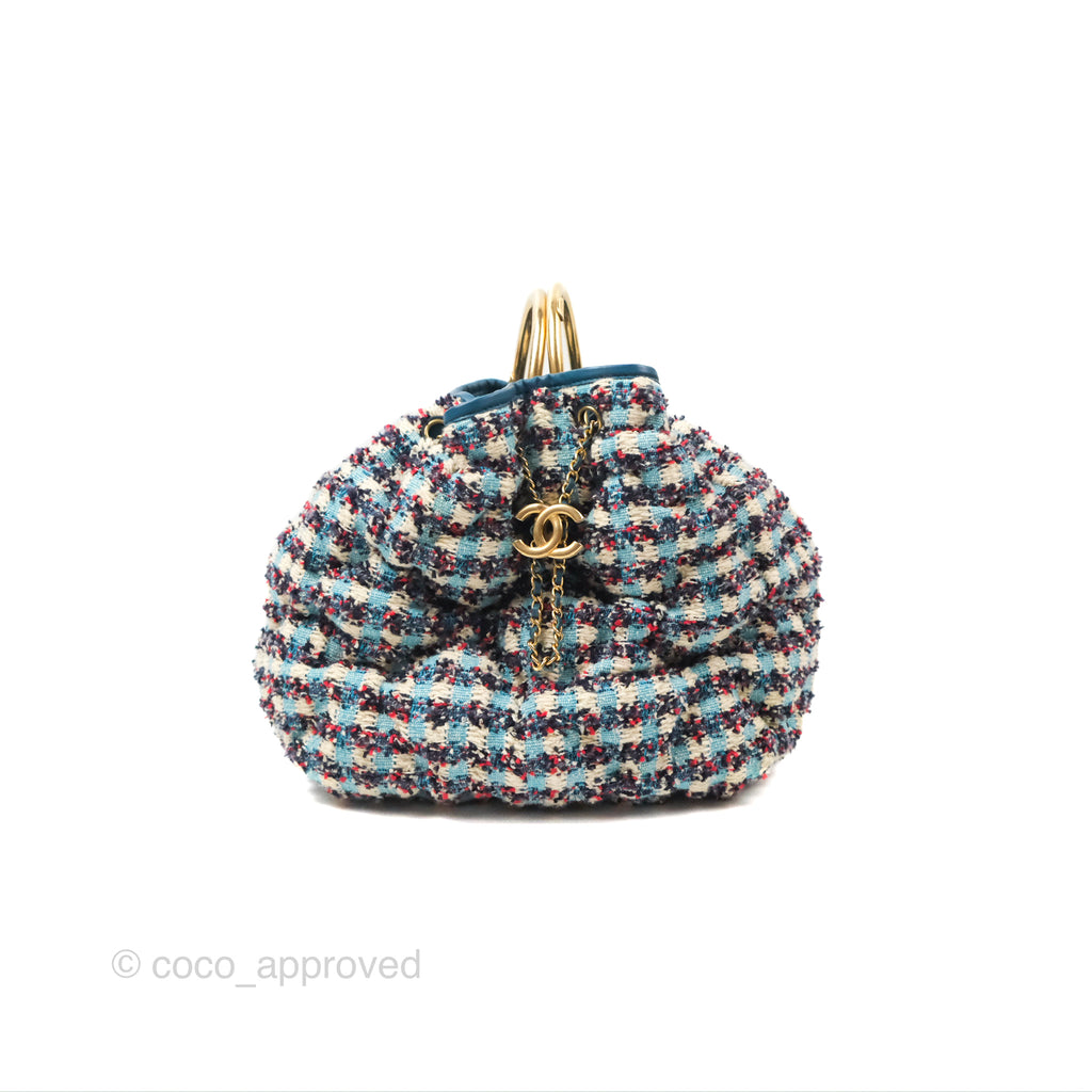 Chanel Cuba Chesterfield Tweed Drawstring Bucket Bag Blue Aged Gold Hardware 17C