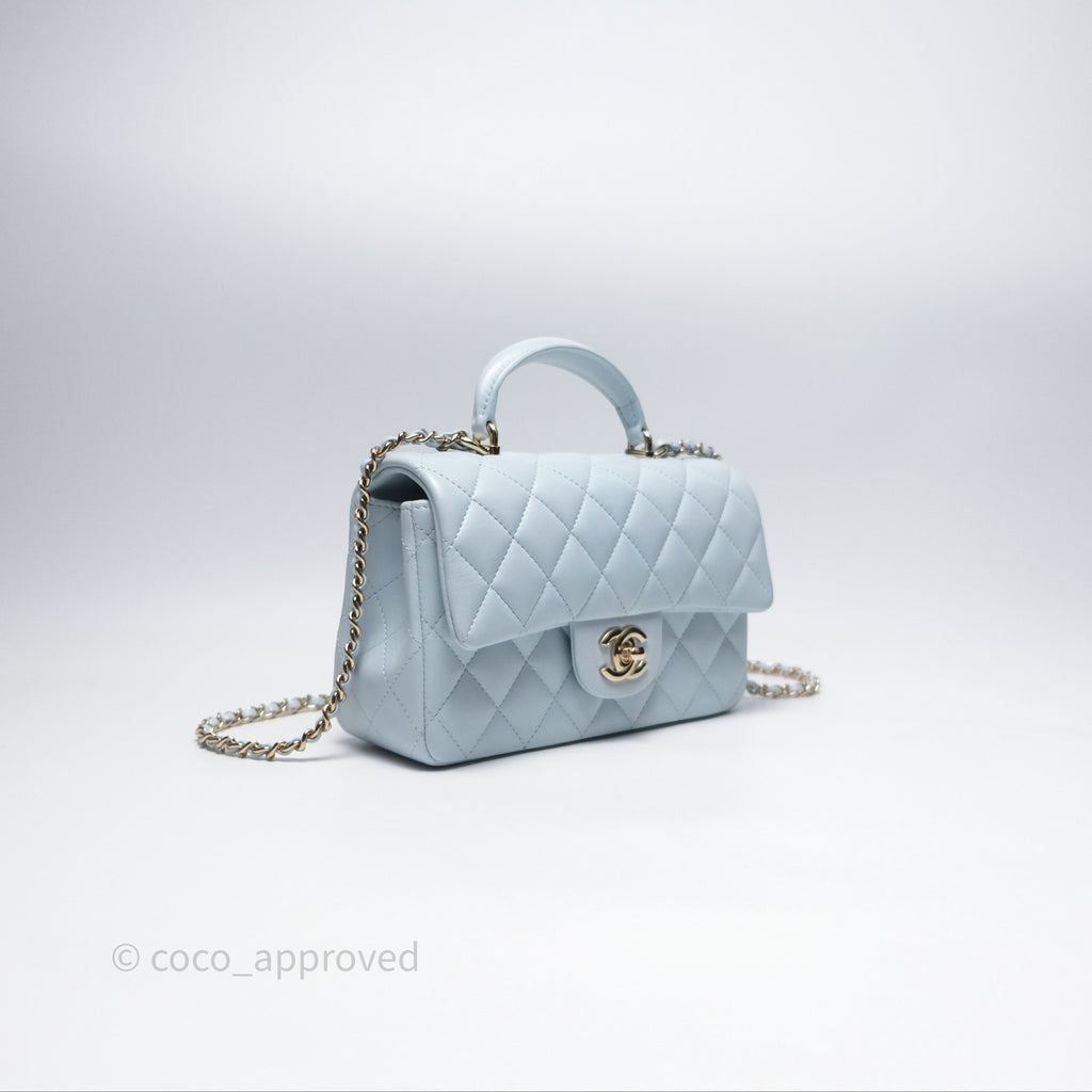 Chanel Top Handle Mini Rectangular Flap Light Blue Lambskin Gold Hardware