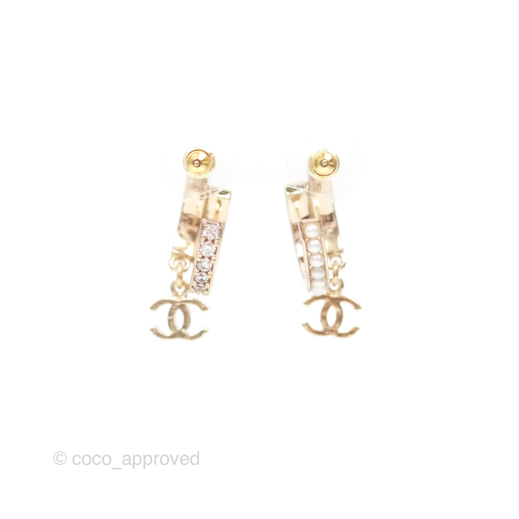 Chanel Pearl Crystal Hoop Earrings Gold Tone 22B