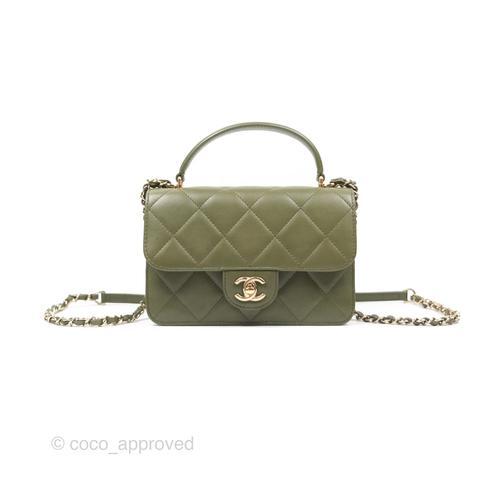 Chanel Small Coco Lady Quilted Flap Bag With Top Handle Olive Green Calfskin Gold Hardware