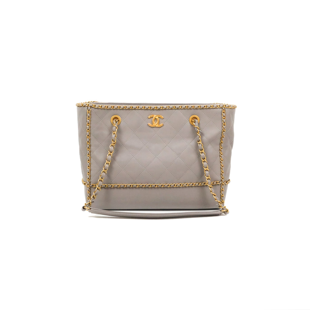 Chanel Small Chain Around Shopping Tote Grey Calfskin Aged Gold Hardware