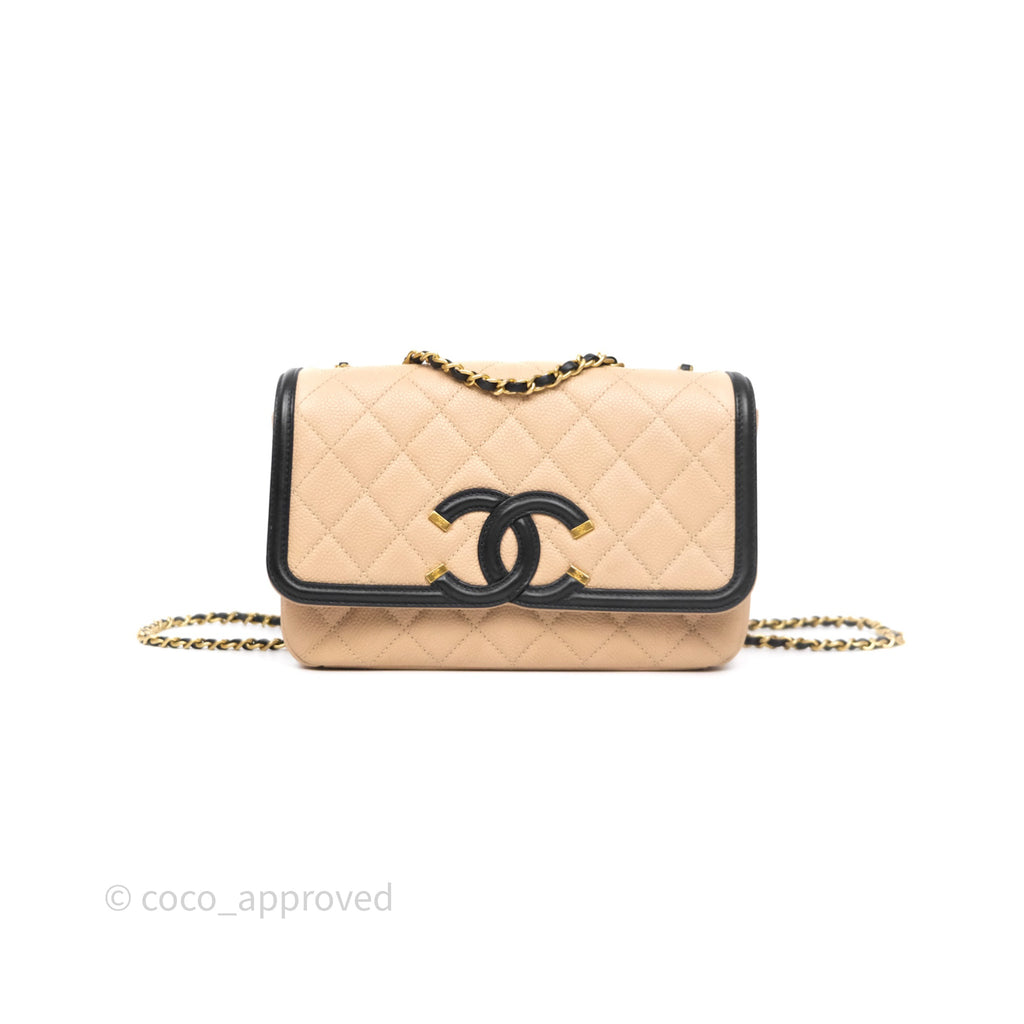 Chanel Small CC Filigree Flap Quilted Beige Black Caviar