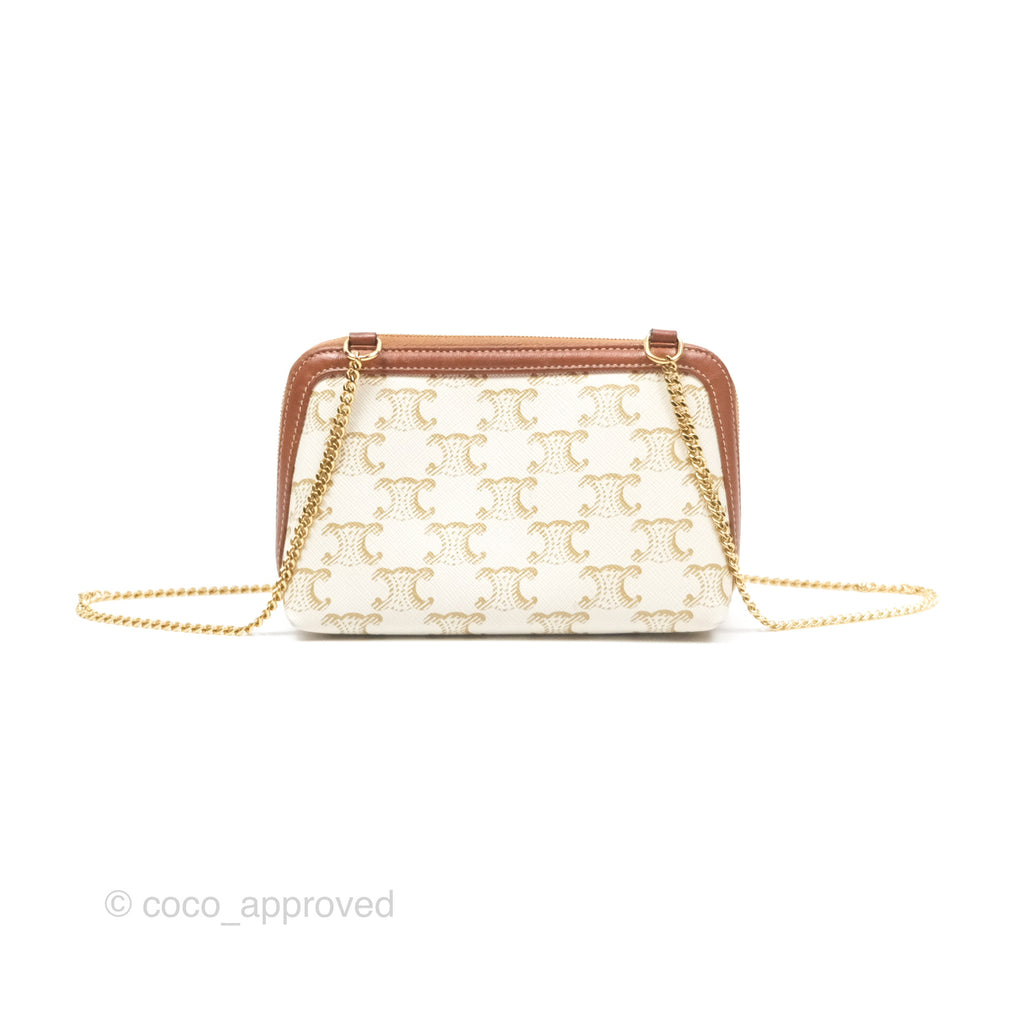 Celine Clutch With Chain Triomphe Canvas Lambskin White/Tan