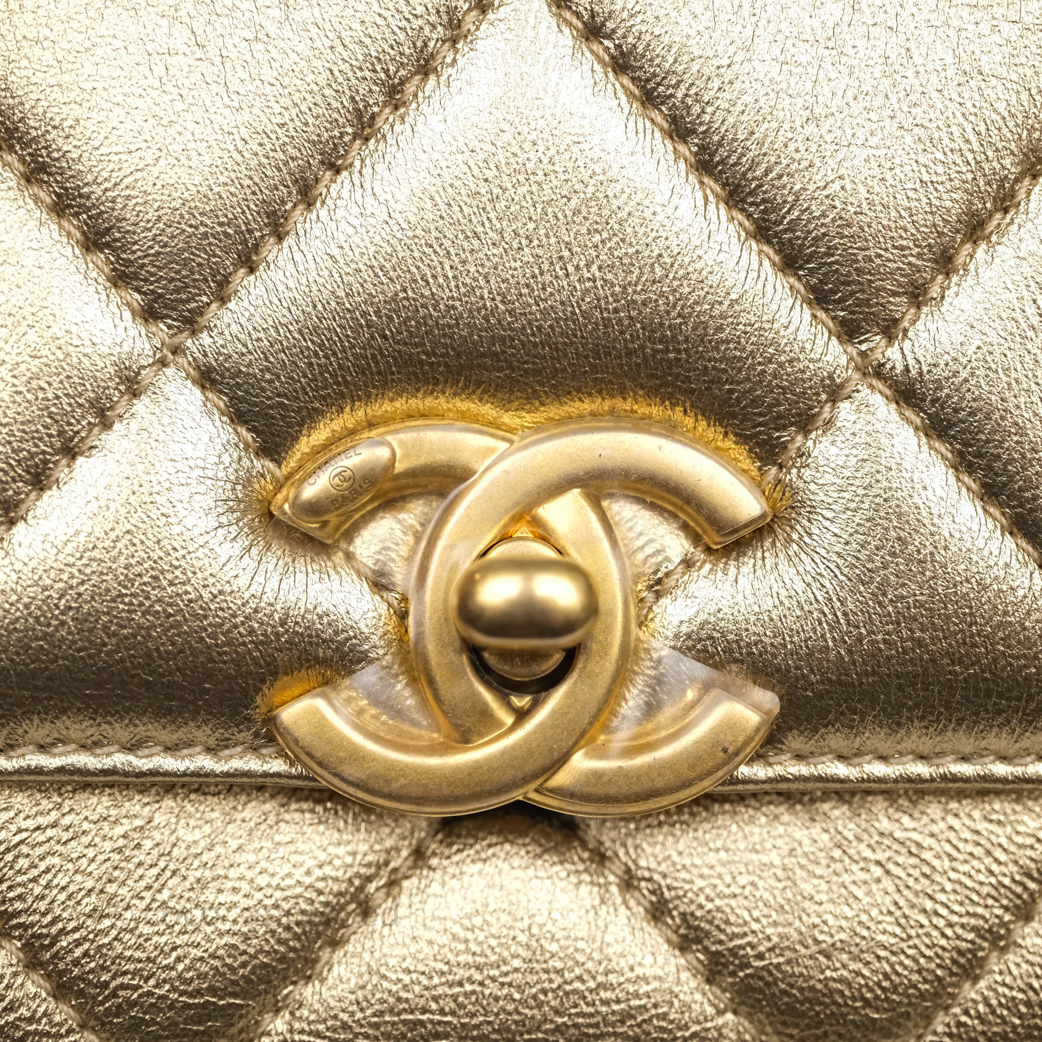 Chanel Mini Crystal Logo Handle Flap Bag Metallic Gold Lambskin