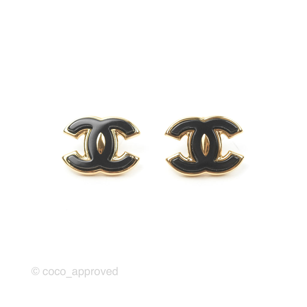 Chanel CC Black Resin Earrings Gold Tone 23K