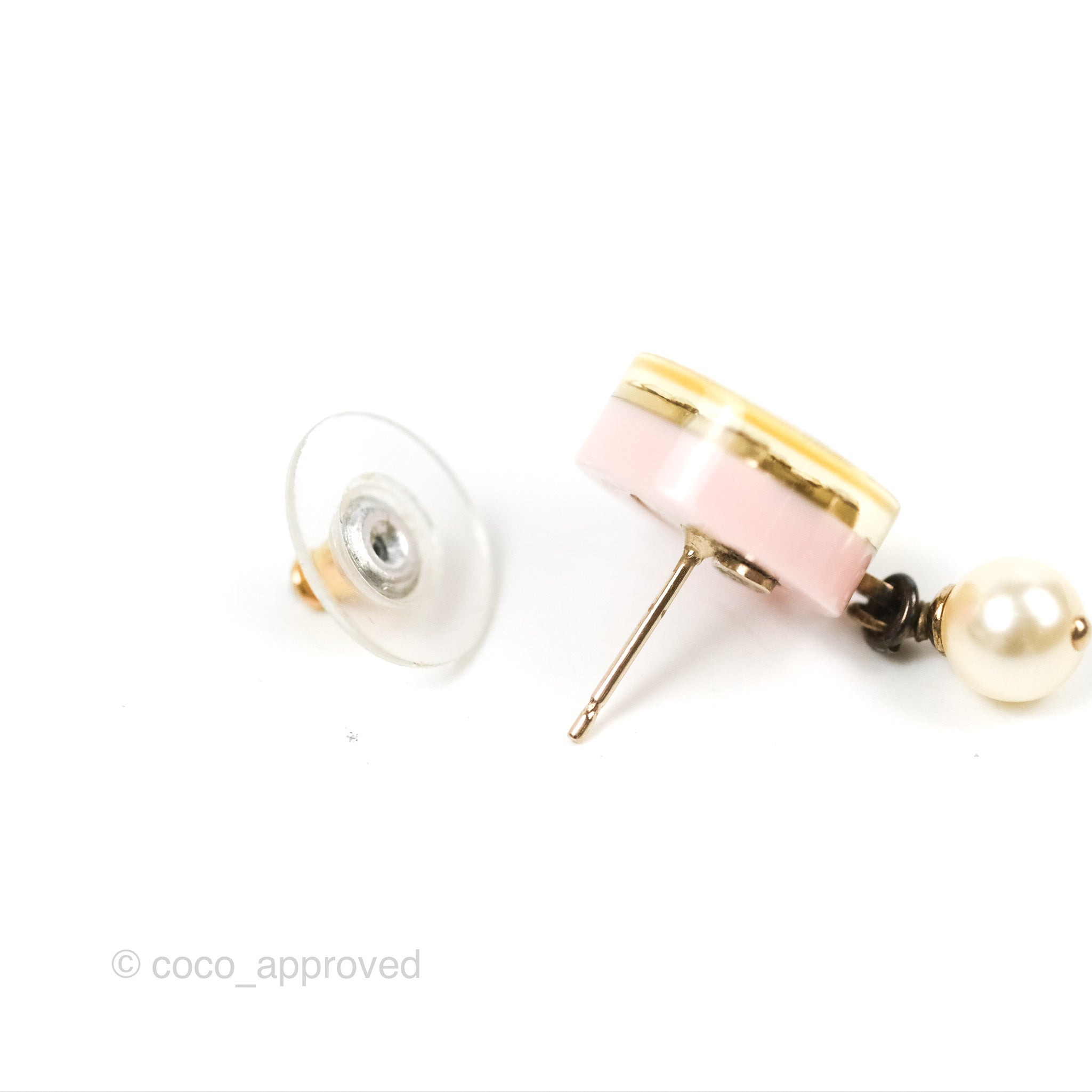 Chanel Pink/Gold Stripe Round CC Pearl Drop Earrings 13C – Coco Approved  Studio