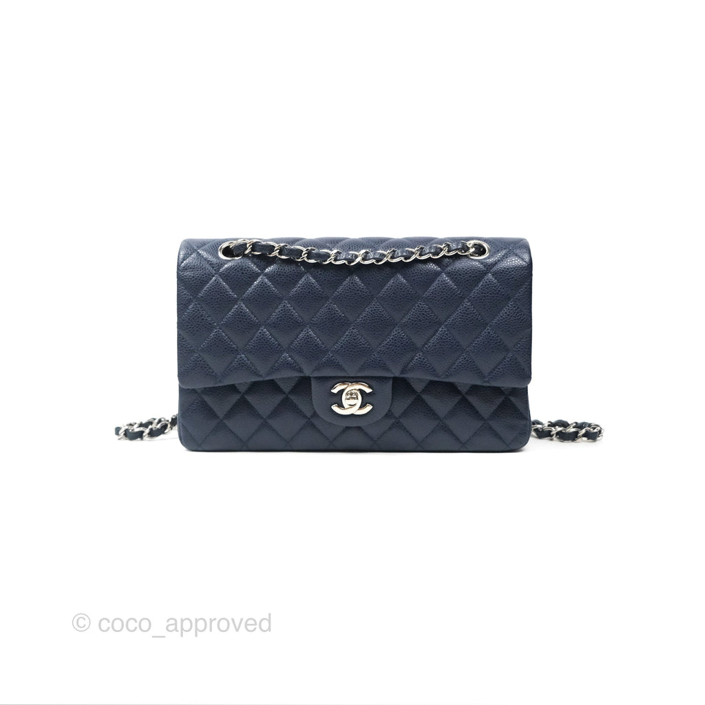 Chanel Classic M/L Medium Flap Quilted Navy Caviar Silver Hardware