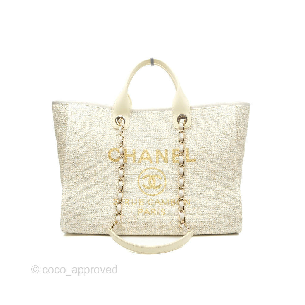 Chanel Large Deauville Ivory/Gold Canvas Gold Hardware