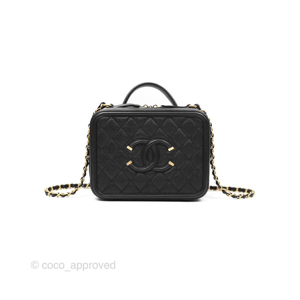 Chanel Quilted Medium CC Filigree Vanity Case Black Caviar Aged Gold Hardware