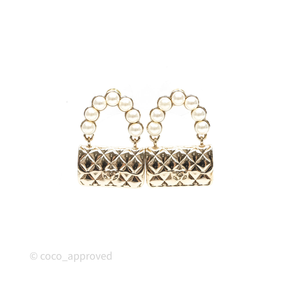 Chanel Pearl Quilted CC Flap Bag Earrings Gold Tone 21S