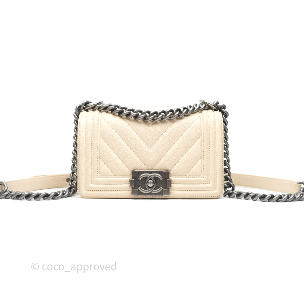 Chanel Small Boy Chevron Beige Caviar Ruthenium Hardware