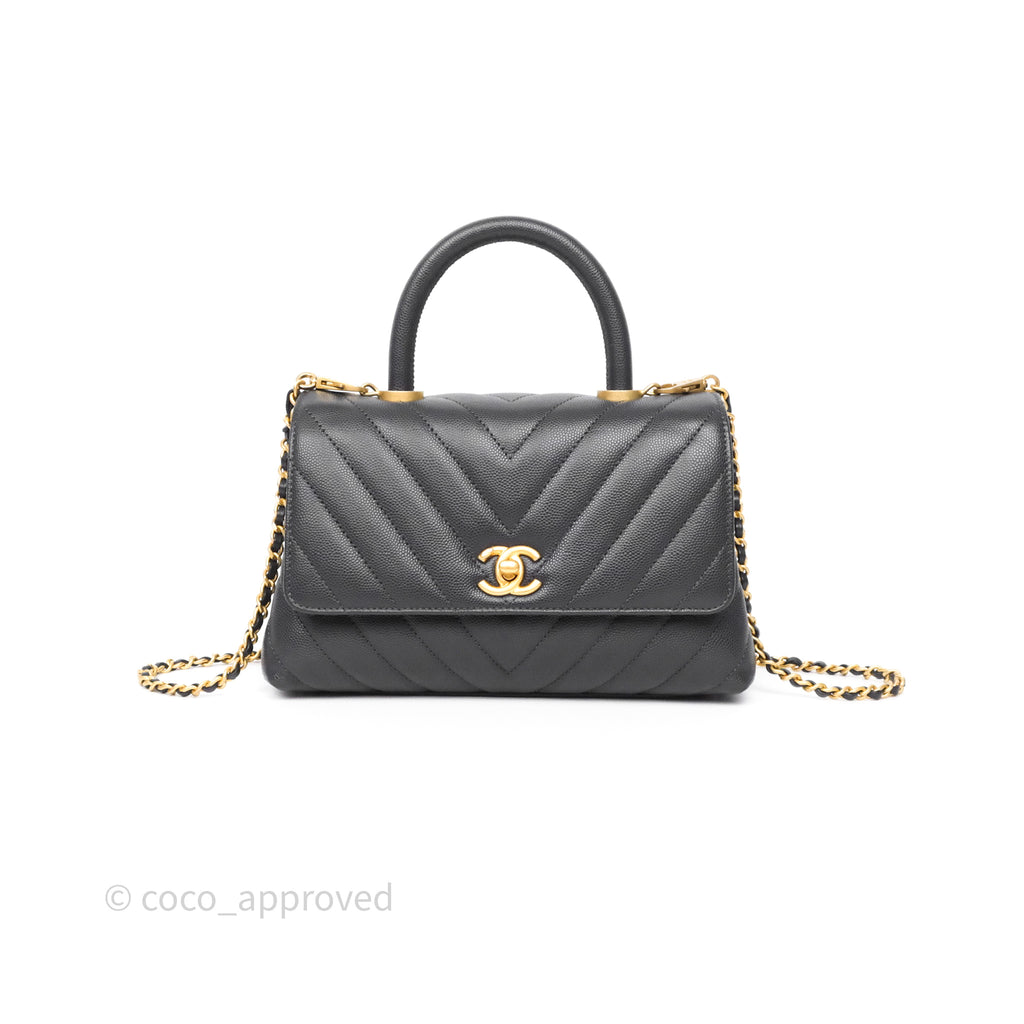 Chanel Small Coco Handle Chevron Dark Grey Caviar Aged Gold Hardware