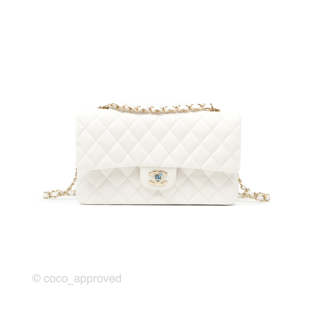 Chanel Classic M/L Medium Flap Quilted White Caviar Gold Hardware