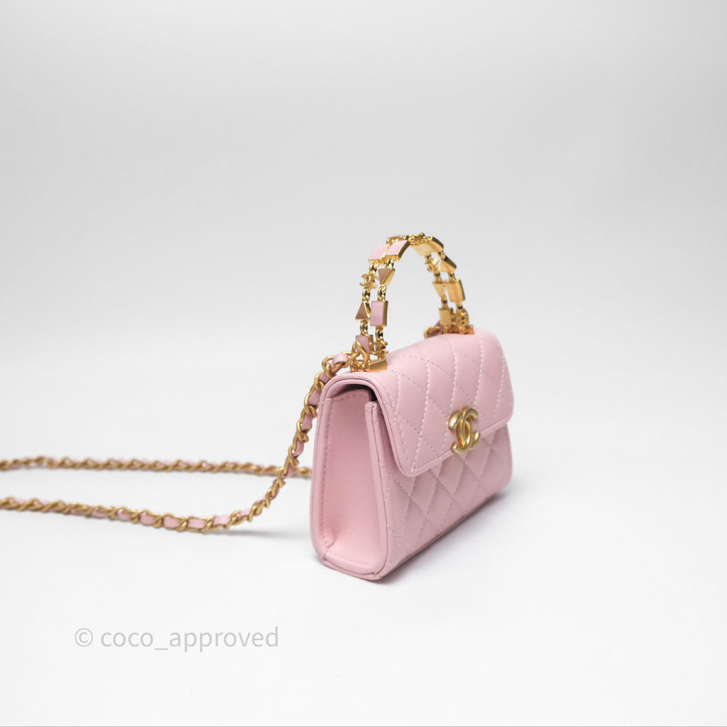 Chanel Mini Enamel Handle Clutch on Chain Pink Lambskin Gold Hardware 22B