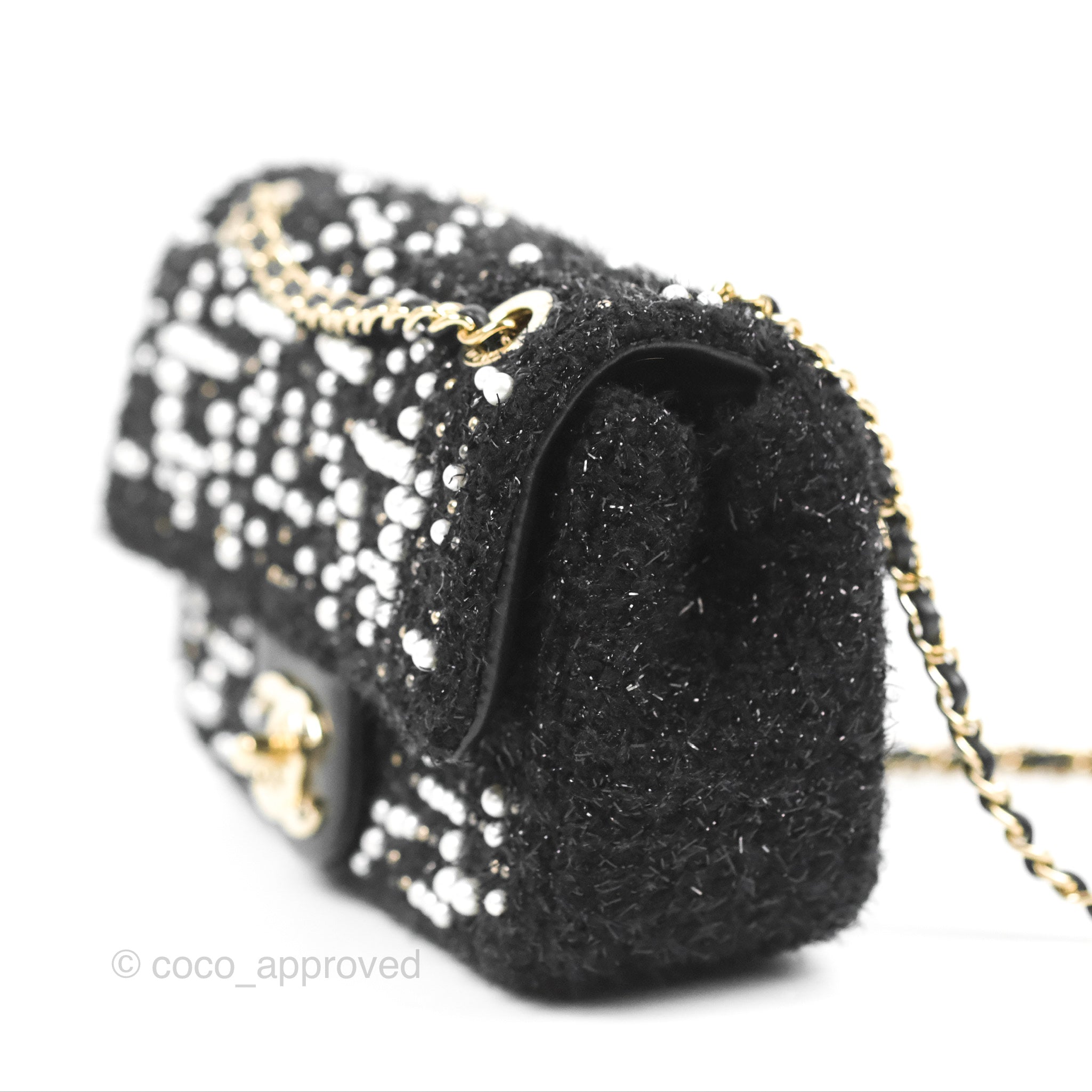 Chanel Black Faux Pearl Embellished Tweed Mini Cosmos Flap Bag – Coco  Approved Studio