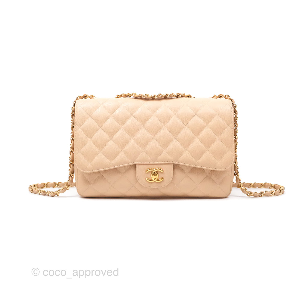 Chanel Jumbo Single Flap Quilted Beige Caviar Gold Hardware