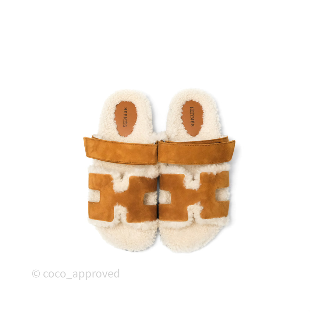 Hermès Chypre Sandal Shearling Beige Kraft / Ecru Goatskin Size 39.5