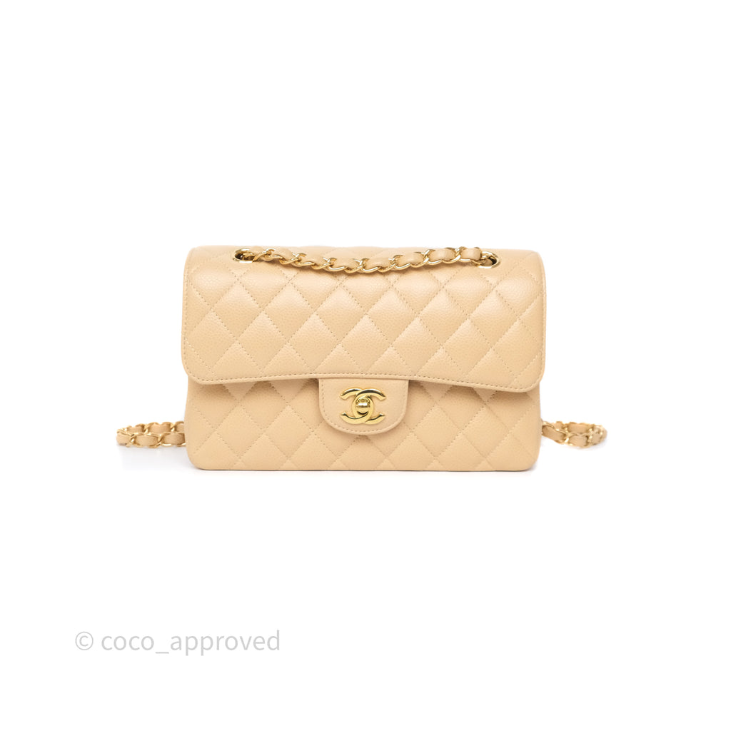 Chanel Small Classic Flap Quilted Beige Caviar Gold Hardware