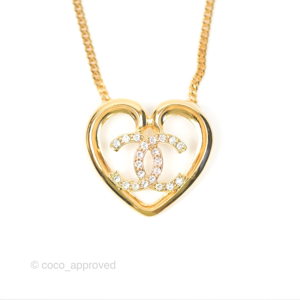 Chanel Heart CC Crystal Necklace Gold Tone 23C