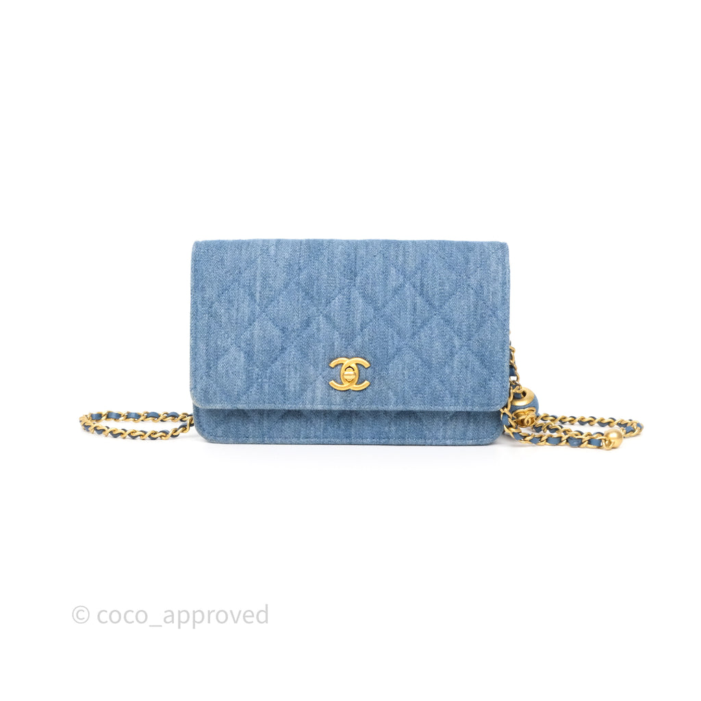 Chanel Quilted Pearl Crush Wallet on Chain WOC Denim Aged Gold Hardware