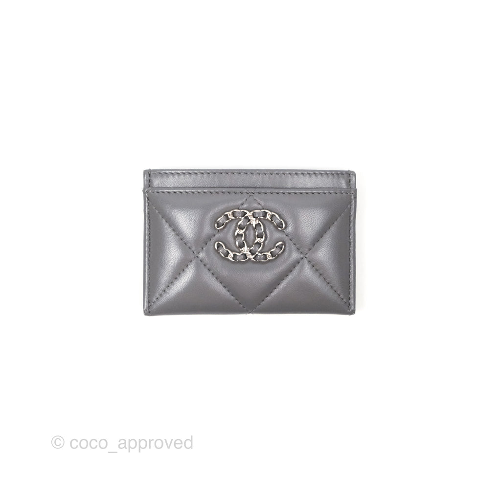 Chanel 19 Quilted Grey Flat Card Holder Silver Hardware