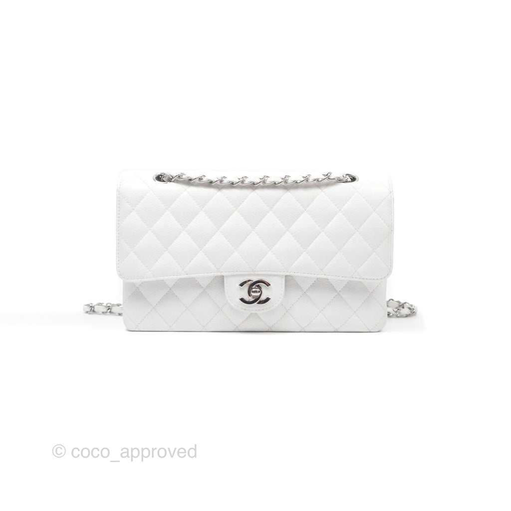 Chanel Classic M/L Medium Double Flap White Caviar Silver Hardware