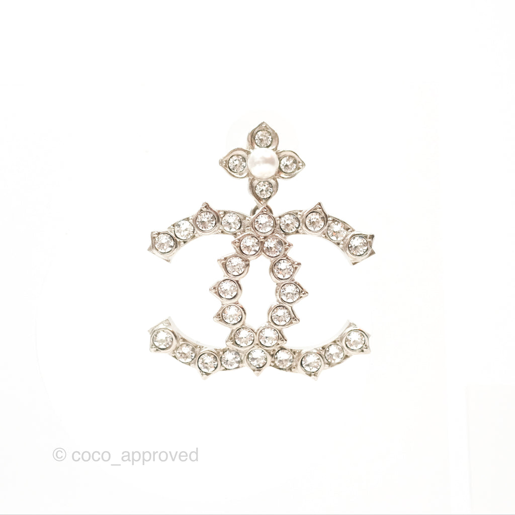 Chanel Pearl Crystal Flower CC Drop Earrings Silver Tone 20P 